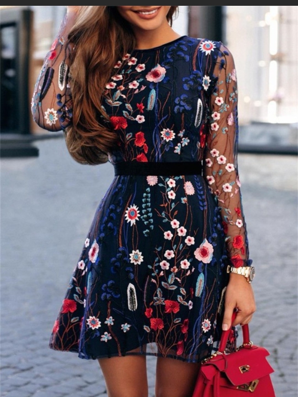 CBR Navy Embroidered Floral Long Sleeve Dress